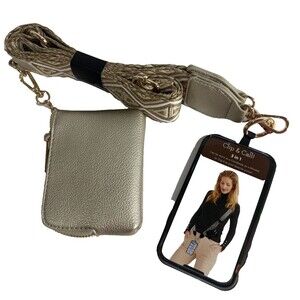 Clip and Go Phone Strap with Beige Gold Wallet Pouch Adjustable Phone Crossbody
